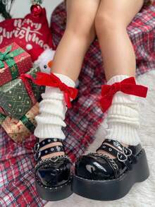1pair Women'S Knitted Warm Leg Warmers With Bowknot Detail And Pile Design, Solid Color, Suitable For Christmas Outfit - White - View 6
