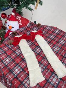 1pair Women'S Knitted Warm Leg Warmers With Bowknot Detail And Pile Design, Solid Color, Suitable For Christmas Outfit - White - View 3