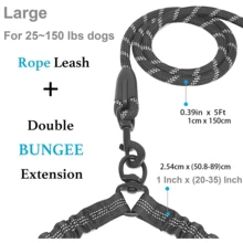 1 Đến 2 Giường đôi tiêu chuẩn Xích chó Với Phản chiếu Thiết kế , 5FT Đàn hồi Có thể thu vào Và Chống nổ Dây thừng , Thích hợp Đối với Hai Chó nhỏ - màu đen - Xem 5
