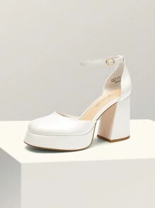 Women Chunky Platform High Heels Closed Toe Block Ankle Strap Dress Prom Wedding Party Pumps Shoes - 白色 - 查看 6