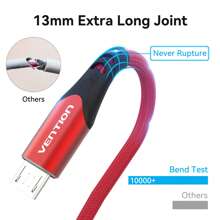 Cable Micro USB de VENTION, Cable cargador 60W 3A para tableta Kindle Fire, cable cargador trenzado de nailon compatible con Samsung Galaxy S6 S7 S5 J7 J5, compatible con controlador , compatible con Samsung Galaxy S7/HTC, compatible con Android, Kindle, , cámara, MP3, aleación de aluminio Micro-USB - Rojo - Ver 4