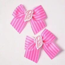 2 件粉色条纹印花涤纶丝带领结配洋葱粉色字母鳄鱼夹 - 女孩时尚发饰，日常穿着和装扮，电影和名人灵感系列可爱万圣节 - 粉色 - 查看 4