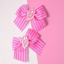 2 件粉色条纹印花涤纶丝带领结配洋葱粉色字母鳄鱼夹 - 女孩时尚发饰，日常穿着和装扮，电影和名人灵感系列可爱万圣节 - 粉色 - 查看 2
