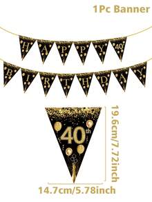 1入組黑金氣球風格40歲生日拉旗,印有happy Birthday、forty Years Old的生日慶祝會室內牆壁背景裝飾,黑金派對裝飾用品,室外圍欄裝飾旗幟 - 黑金色 - 查看 4