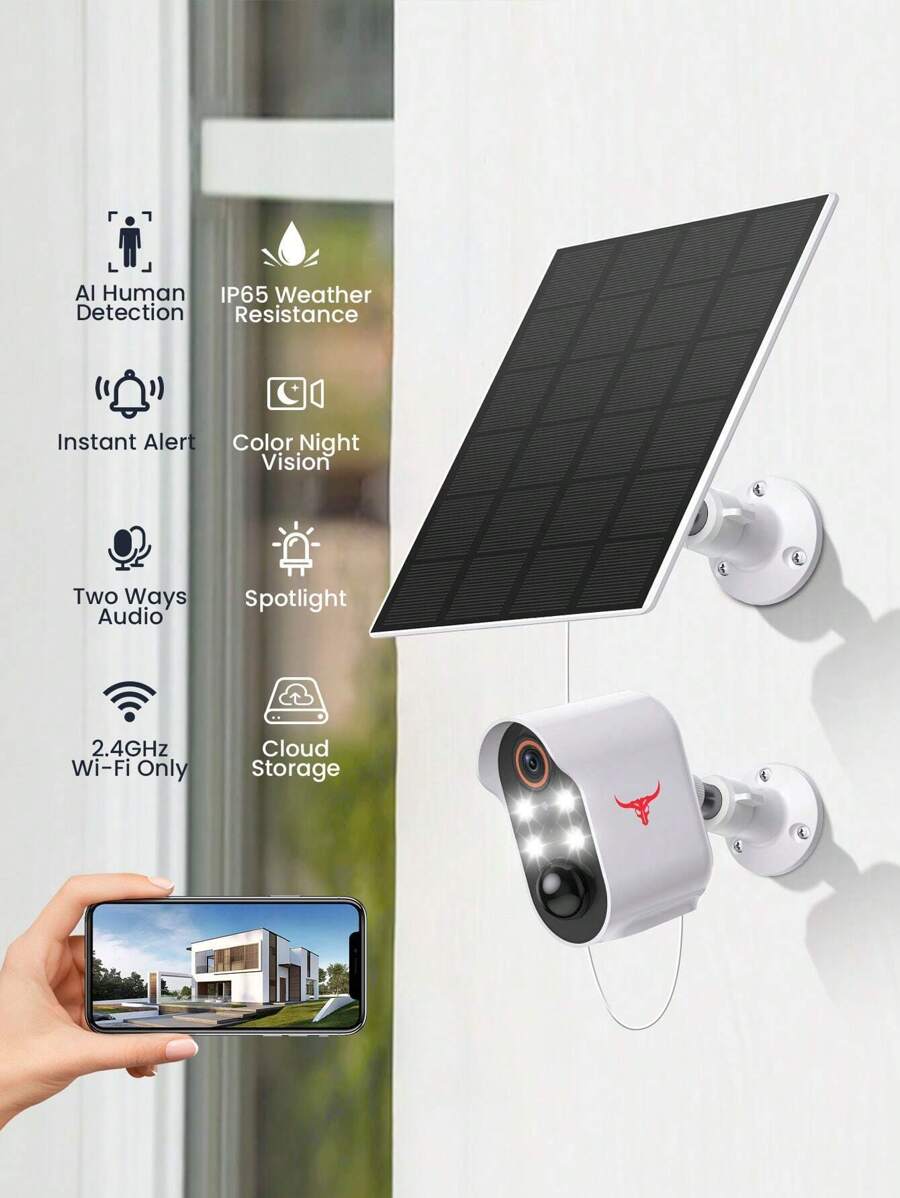 SHARKPOP Solar Security Cameras Wireless Indoor/Outdoor Surveillance, 1080P Live View WiFi Home Camera with Color Night Vision, 2-Way Audio, Human Detection, Cloud Storage Bullet Cam - White - View 1