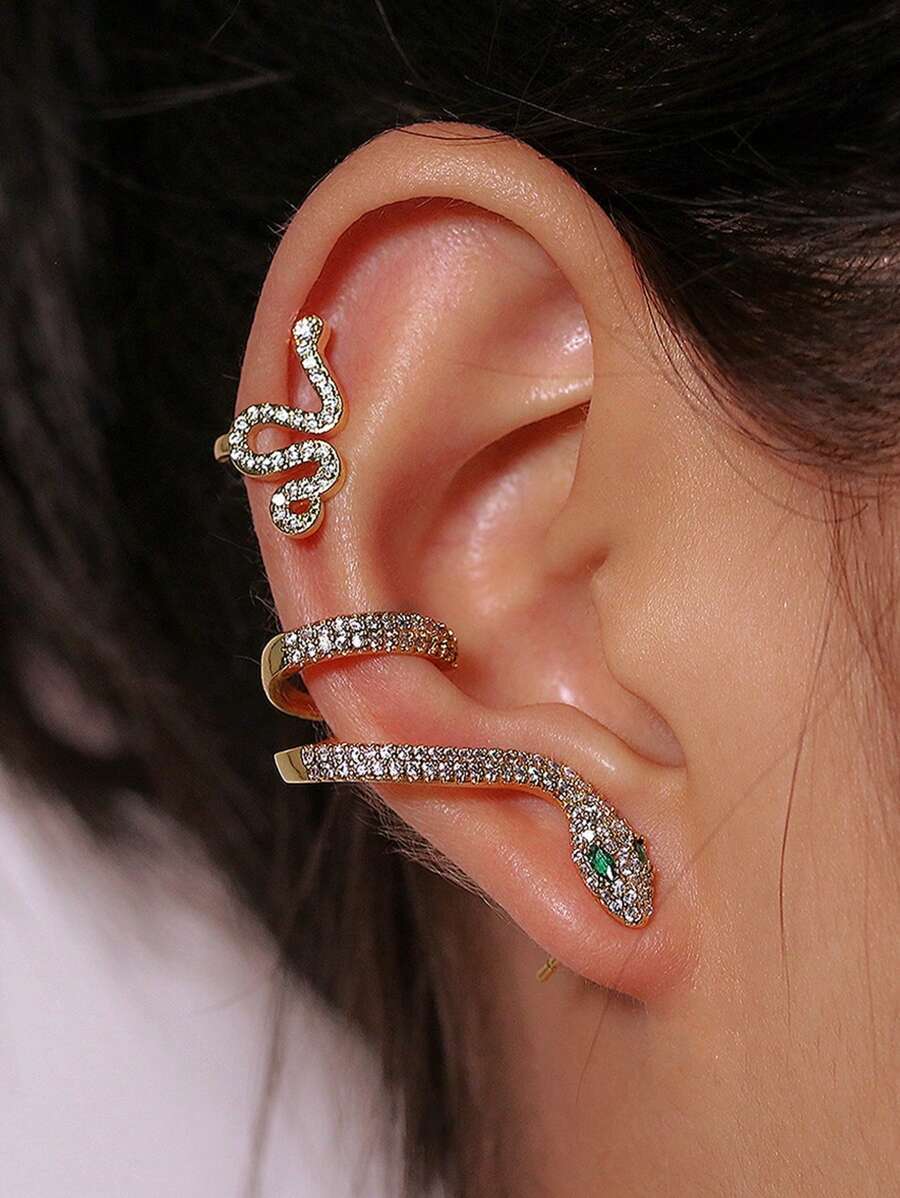 2 件/包 歐美風格鋅合金全鑽石鑲嵌蛇形黃金個性耳環 - 金色 - 查看 1
