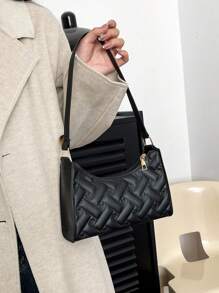 Solid Color Minimalist And Light Luxury Pressed Flower Shoulder Bag - Black - View 4