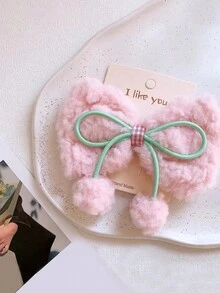 1只女士軟粉色羊毛球蝴蝶結髮夾,適合日常穿著