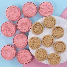 8 Pcs/set Cookie Cutters Plastic 3D Christmas Theme Cartoon Pressable Biscuit MoldCookie Stamp Kitchen Baking Pastry Bakeware - Pink - View 1