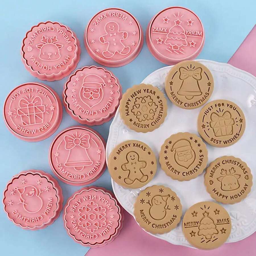 8 Pcs/set Cookie Cutters Plastic 3D Christmas Theme Cartoon Pressable Biscuit MoldCookie Stamp Kitchen Baking Pastry Bakeware - Pink - View 1