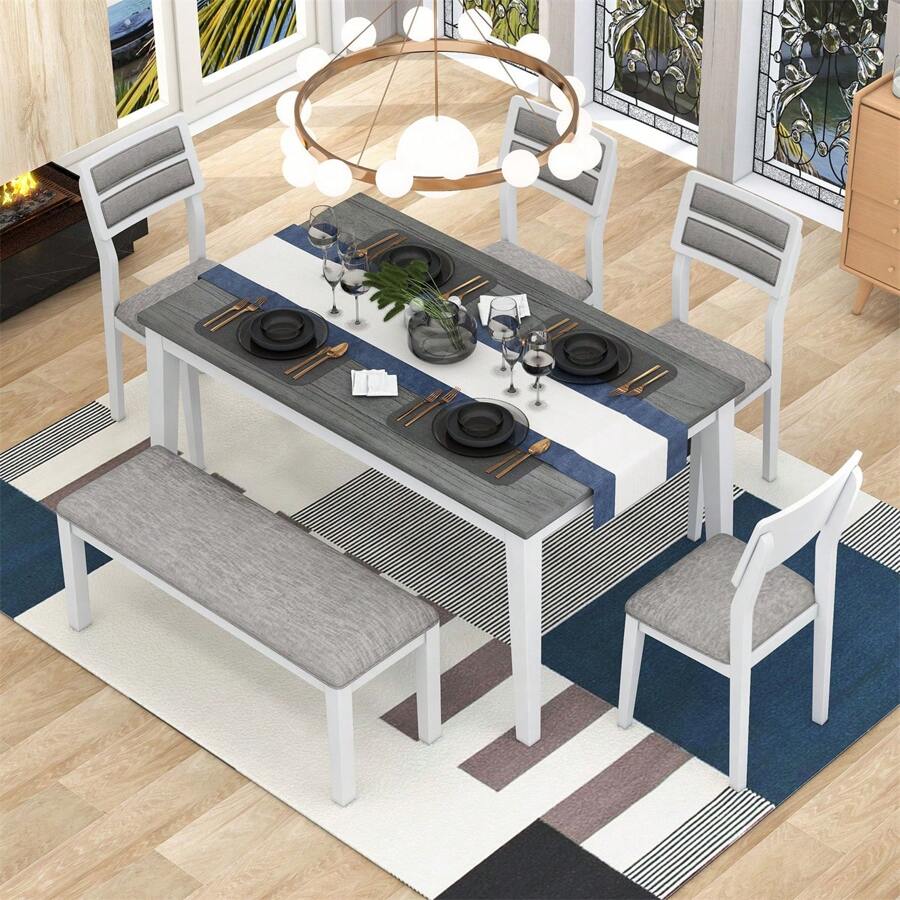 Classic and Traditional Style 6 - Piece Dining Set, Includes Dining Table, 4 Upholstered Chairs & Bench (Natural Wood Wash)