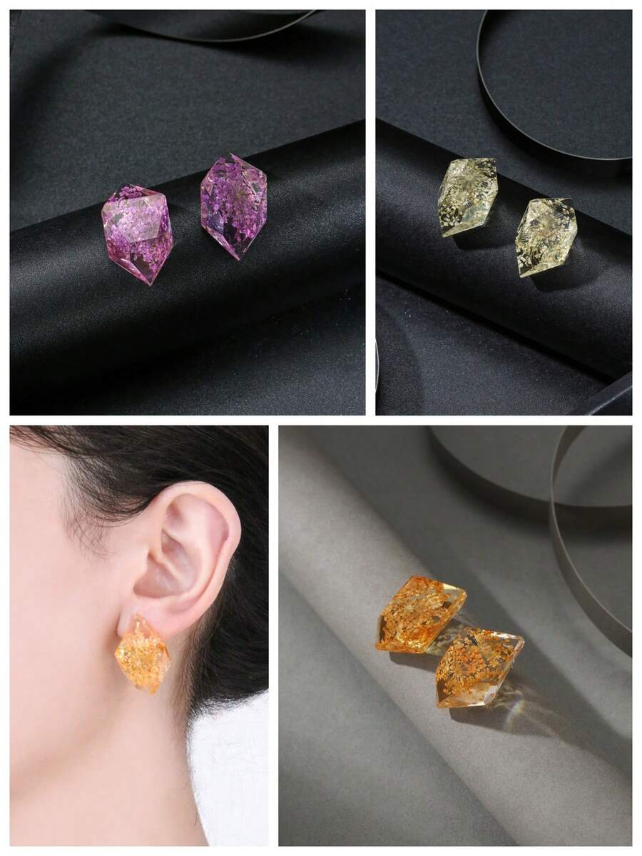 1對甜美時尚樹脂多邊形耳環,帶有真實乾燥的花朵,適合女士戴於派對、婚禮、假日、購物和日常穿著