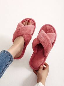女士交叉式拖鞋,時尚開口拖鞋,室內家居毛絨拖鞋 - 玫紅色 - 查看 5