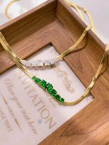 1 條不銹鋼蛇骨鏈,帶有玻璃鑲嵌裝飾,適合女士日常佩戴 - 金黃色 - 查看 7