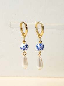 1 par de brincos de cerâmica com pérolas falsas estilo vintage, adequados para uso diário feminino