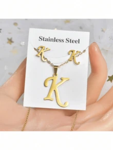 1 Set Alphabet Design Necklace And Earring Set, Suitable For Ladies' Daily Wear - Gold - View 6