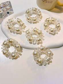 4入組珍珠裝飾透明螺旋髮圈，簡單的髮飾，適用於女性