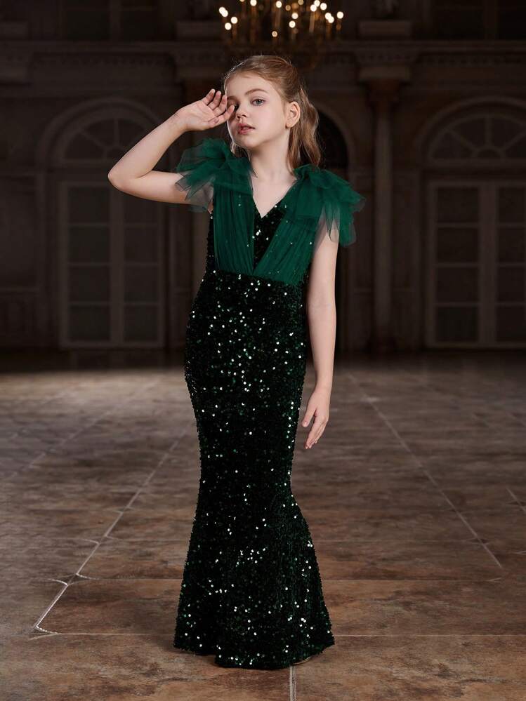 少女闪亮美人鱼薄纱连衣裙，配以网眼撞色 - 墨綠色 - 查看 4