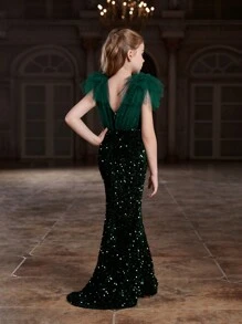 Tween Girl Sparkly Mermaid Tulle Dress With Mesh Contrast - Dark Green - View 2