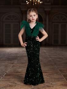 Tween Girl Sparkly Mermaid Tulle Dress With Mesh Contrast - Dark Green - View 1