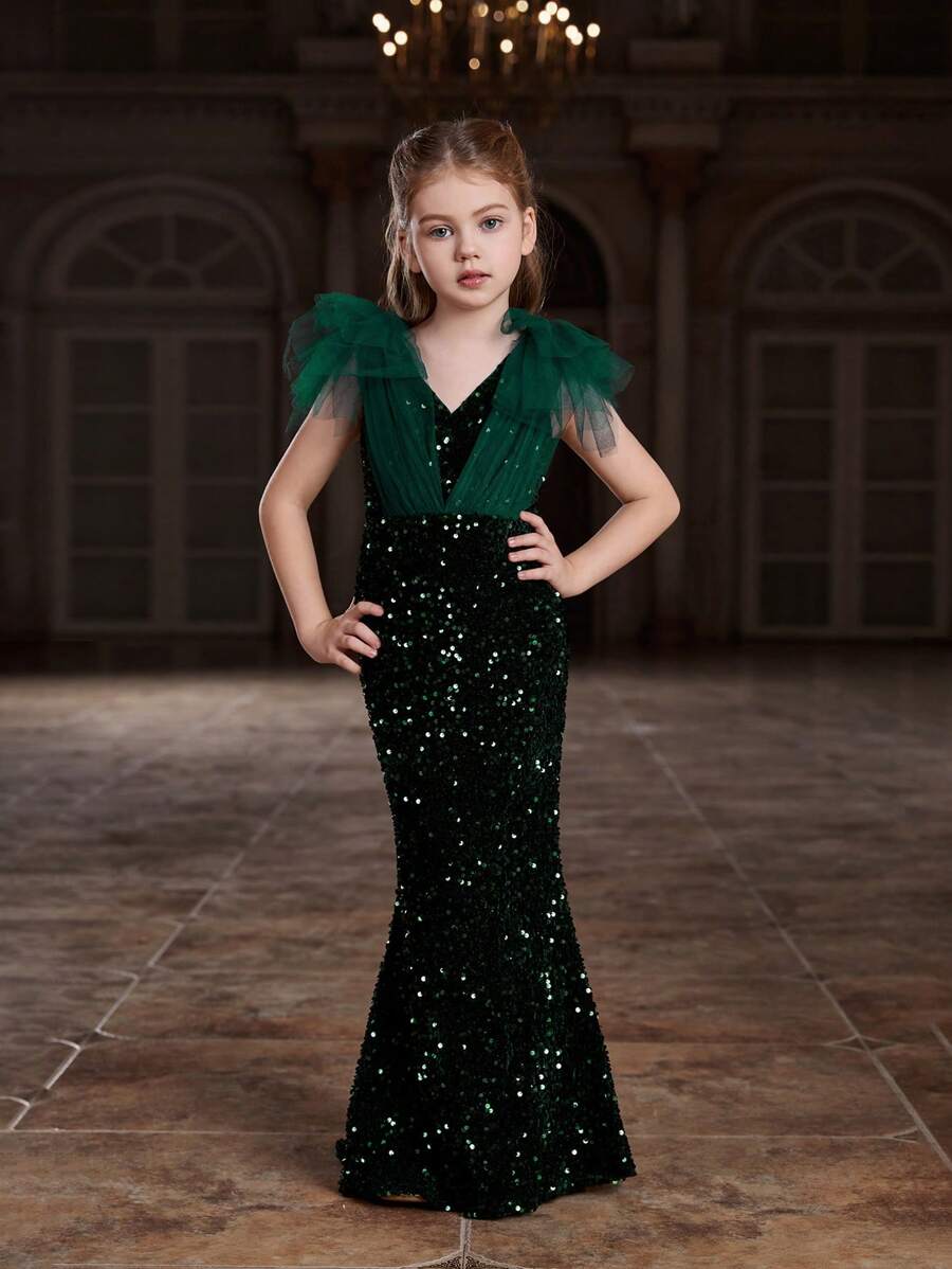 Tween Girl Sparkly Mermaid Tulle Dress With Mesh Contrast - Dark Green - View 1