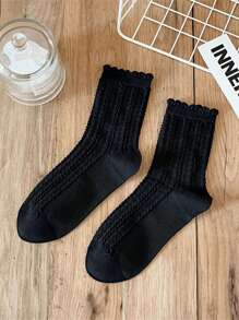 5 双女士纯黑白色长筒蕾丝透气网眼绒袜，甜美女孩学院风 JK 百搭中筒袜，秋季 - 黑色 - 查看 5