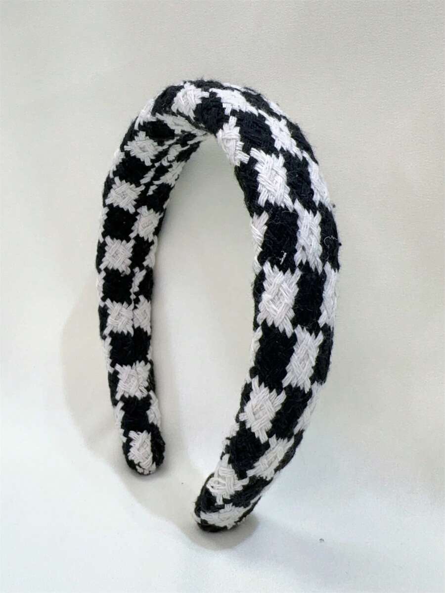 1 件裝女用格紋針織頭帶髮飾,適合秋冬日常配戴 - 黑與白 - 查看 1