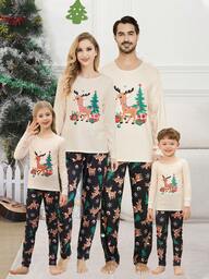 Set de 2 piezas de pijamas a juego de Navidad para niñas y familia, con parte superior de manga larga y pantalones con diseños lindos de renos y árboles de Navidad, conjunto cómodo de ropa de estar por casa para las fiestas