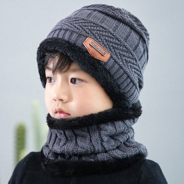 2pcs Winter Warm Knitted Beanie Hat And Scarf Set For Children Aged 5-14 Years Old