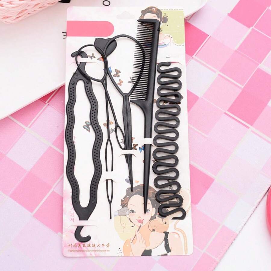 6 Pieces/set Multi-functional Hair Braiding Tools Plastic Threading Needle Hair Holder Comb For Hair Styling - Black - View 1