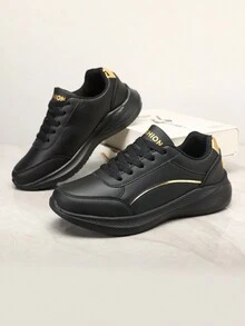 全新的皮質運動鞋,防水、防滑、抗異味、耐磨、軟底舒適,全黑色,休閒、時尚且多用途,適合跑步、旅遊、登山,黑色鞋子 - 黑色 - 查看 3