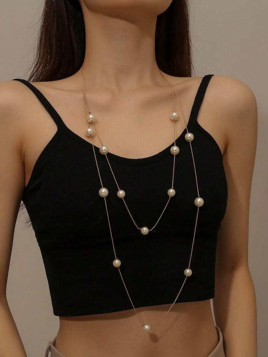 Korean Fashion Simple Multi-Layer Faux Pearl Long Sweater Chain Women's Spring, Summer, Autumn And Winter Versatile Necklace 1 Piece - Yellow Gold - View 1