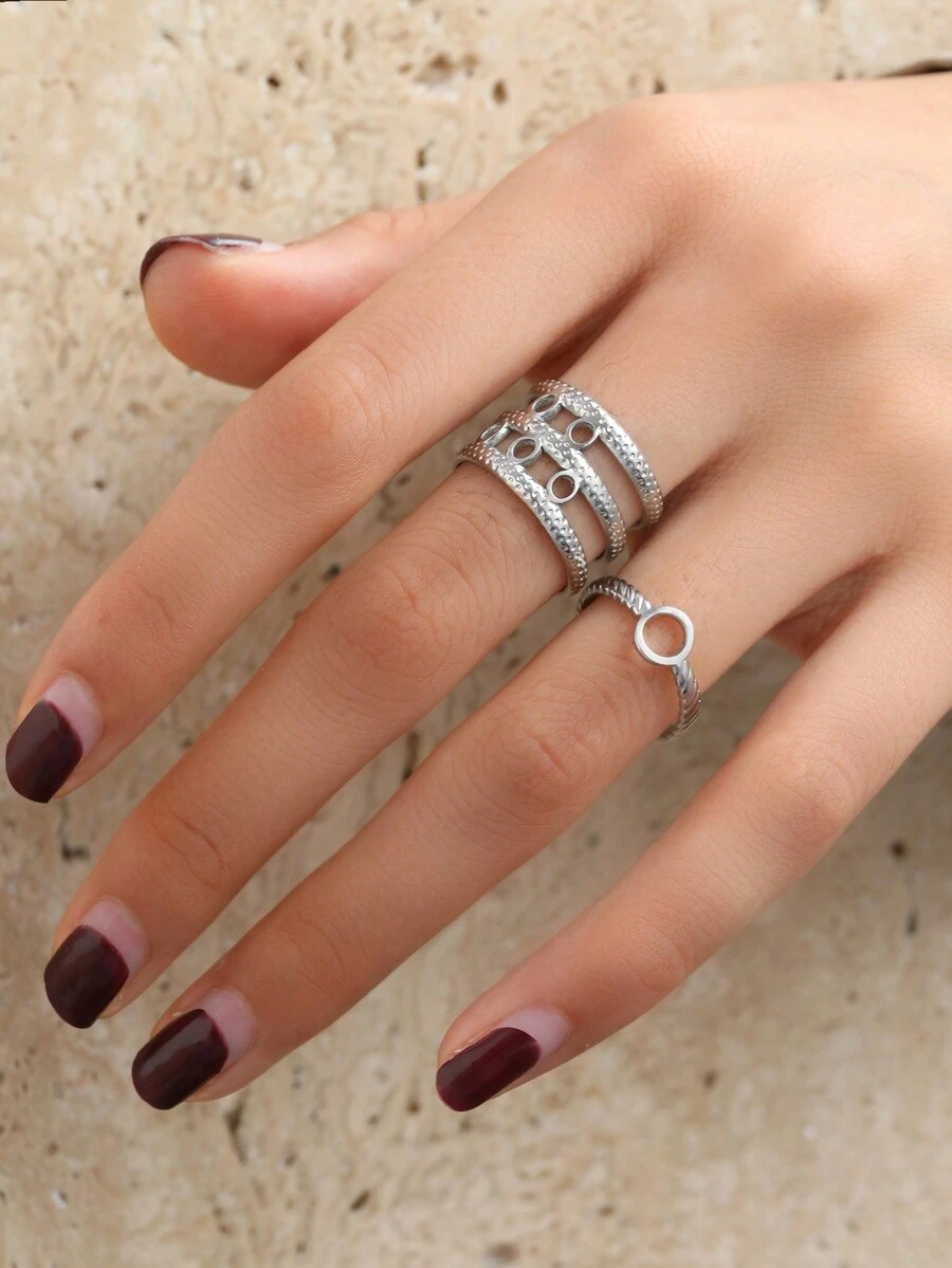 316l不銹鋼極簡幾何中空調節開口戒指,韓國時尚女士珠寶配件,派對禮物 - 銀色 - 查看 1
