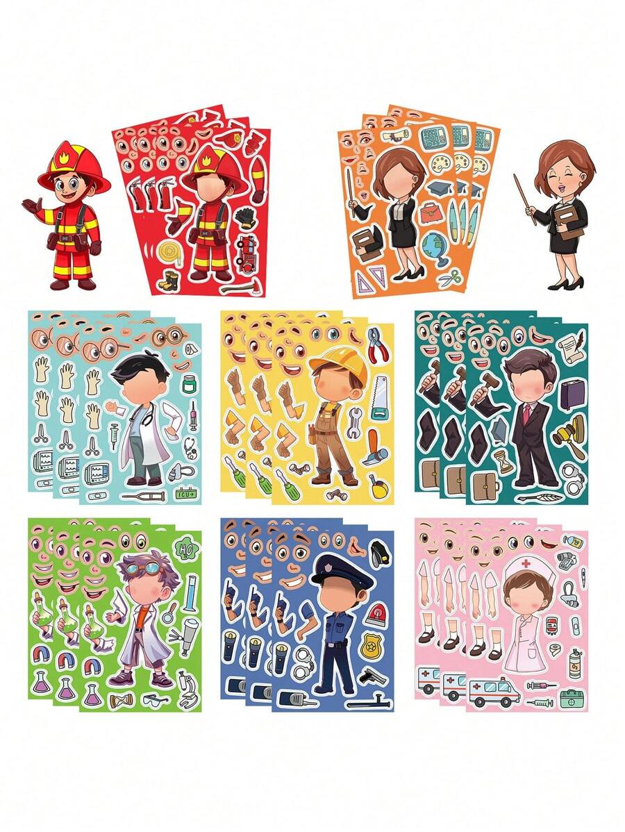 8入組職業主題搭配diy拼貼海報,適用於手機殼和日記裝飾,內容包括醫生/護士/消防員等 - 彩色 - 查看 1
