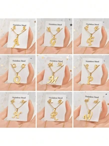 1 Set Alphabet Design Necklace And Earring Set, Suitable For Ladies' Daily Wear - Gold - View 1