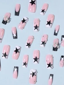 立即改變你的風格,24片中長款方形美甲,可愛的星星吊飾美甲貼片,可拆卸假指甲套裝,包括指甲檔和果凍膠,適用於女性和女孩的日常使用 - 彩色 - 查看 3