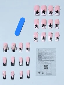 立即改變你的風格,24片中長款方形美甲,可愛的星星吊飾美甲貼片,可拆卸假指甲套裝,包括指甲檔和果凍膠,適用於女性和女孩的日常使用 - 彩色 - 查看 2