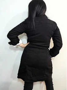 Fully Plush Trench Style Long Denim Jacket With Belt And Pockets - Black - View 5