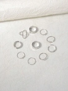 10pcs/set Fashionable Silver Tone Open Design Vacation Style Ring Set - Silver - View 4