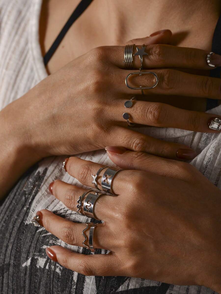10pcs/set Fashionable Silver Tone Open Design Vacation Style Ring Set - Silver - View 1