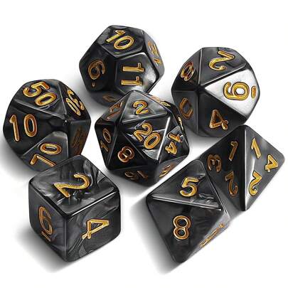 多面骰子和黑色骰子袋,適用於d&d、rpg、mtg角色扮演桌上遊戲(黑色)