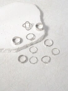 10pcs/set Fashionable Silver Tone Open Design Vacation Style Ring Set - Silver - View 5