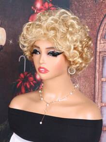 8英寸淺金色短卷髮假髮,附帶收納袋,適用於聖誕節女士合成髮 - 金色 - 查看 5