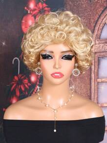 8英寸淺金色短卷髮假髮,附帶收納袋,適用於聖誕節女士合成髮 - 金色 - 查看 2