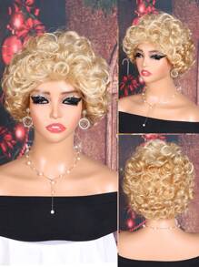 8英寸淺金色短卷髮假髮,附帶收納袋,適用於聖誕節女士合成髮 - 金色 - 查看 1
