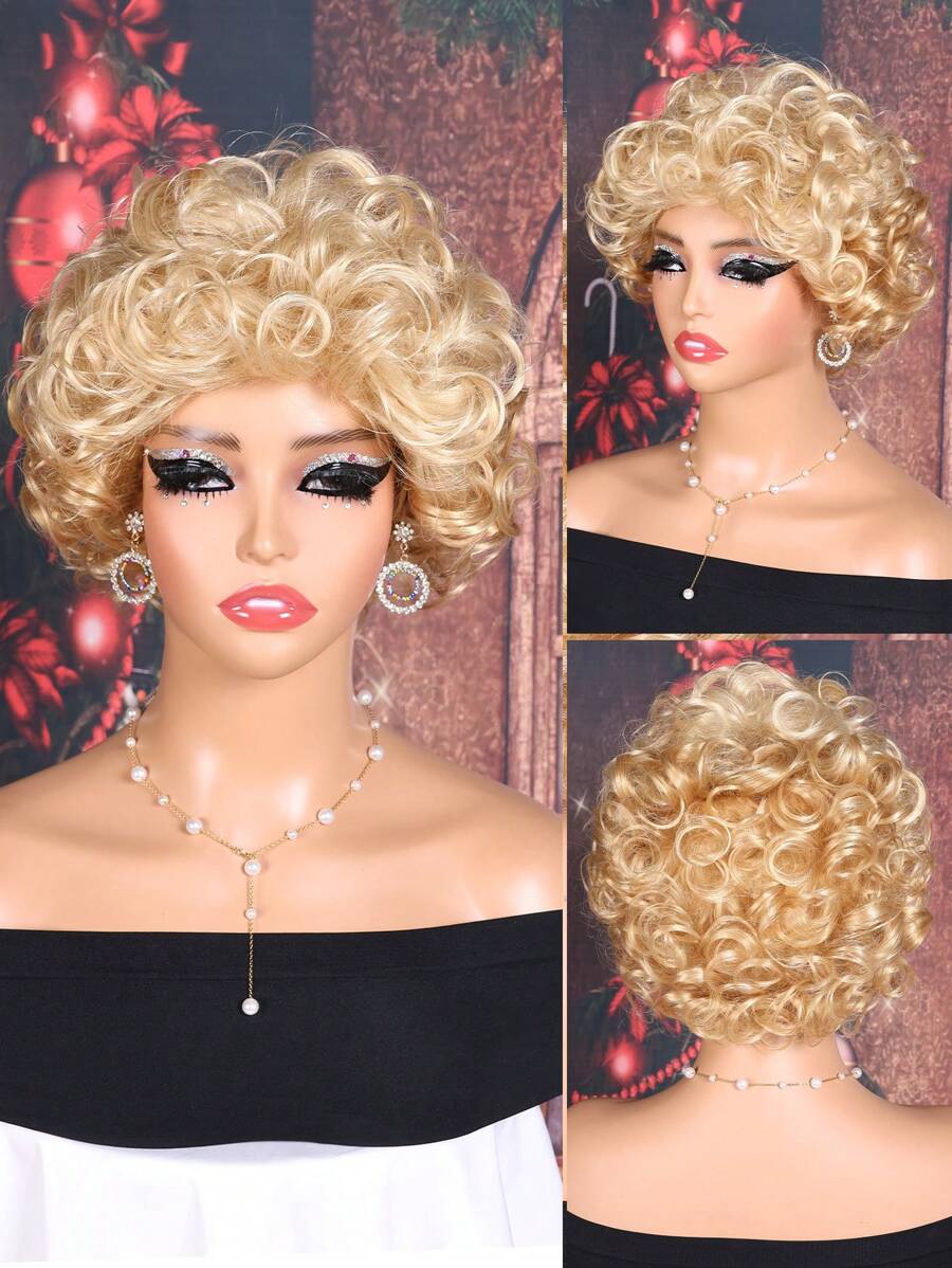 8英寸淺金色短卷髮假髮,附帶收納袋,適用於聖誕節女士合成髮 - 金色 - 查看 1