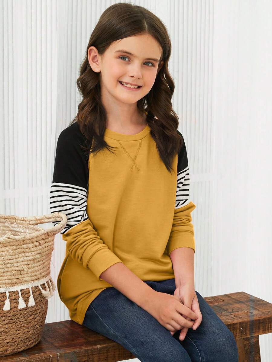 Blibean Cô gái Giải trí Khối màu Tay áo dài Vòng cổ Áo thun , Thanh thiếu niên - Màu vàng - Xem 1