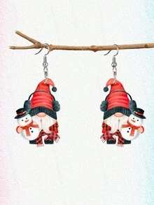 1對可愛的聖誕地精和雪人形狀的亞克力垂墜耳環,女士聖誕禮物首飾 - 紅白色 - 查看 2