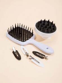 6pcs/set Multicolor Makeup & Styling Accessories Including Leaf-shaped Hair Clips, Clips, Massage Shampoo Brush, Volumizing Comb - Black and White - View 2