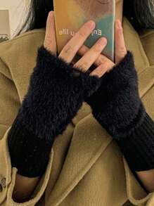 1 Paire De Gants À Demi-doigts En Mink En Peluche Douce Pour Femmes En Hiver, Luxueux Et Chauds, De Couleur Blanc Uni, Tricotés, Sans Doigts, Avec Des Mitaines Pour Le Poignet, Pour Écrire